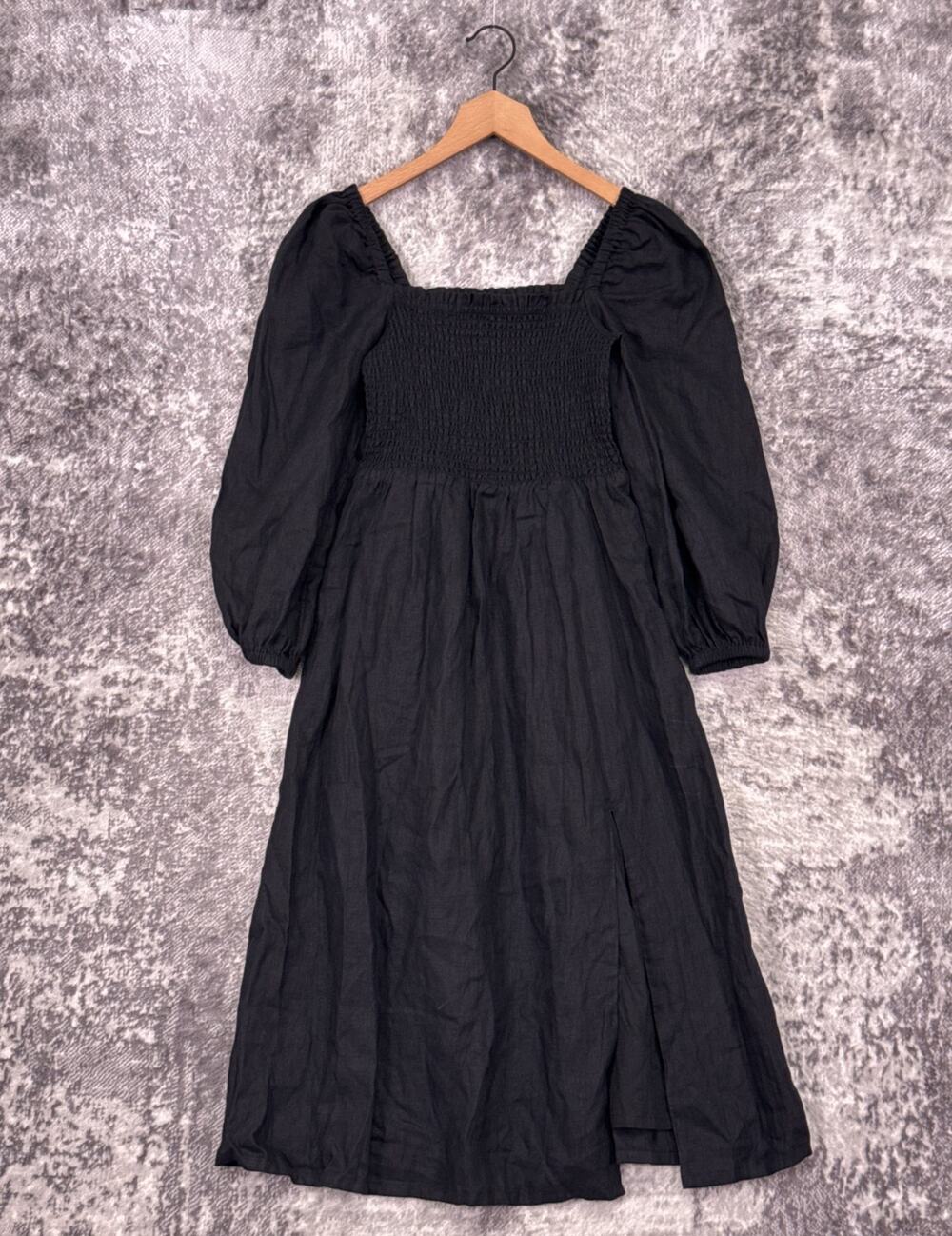 J Crew Dress XS Womens Black Linen Square Neck Smocked Puff Sleeve Midi